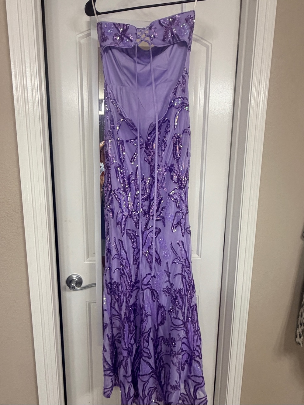 Lulus Shimmering Icon Lavender Sequin Lace-Up Strapless Maxi Dress - Picture 4 of 8